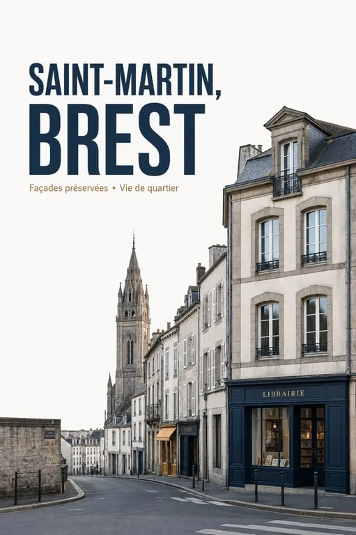 Saint Martin Brest, vue de rue du quartier central avec façades anciennes et commerces de proximité