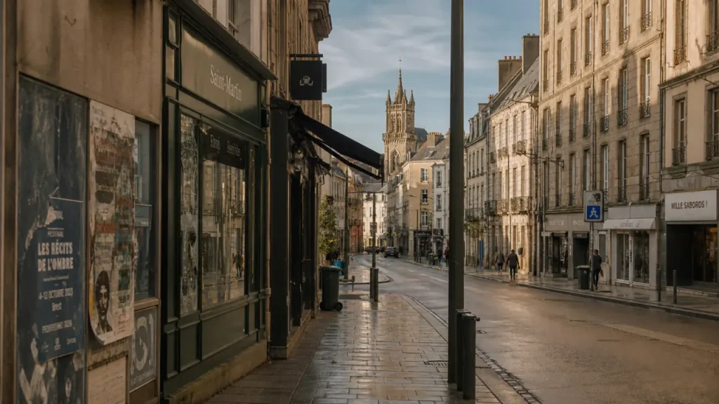 saint martin brest, rue historique avec commerces et église au fond