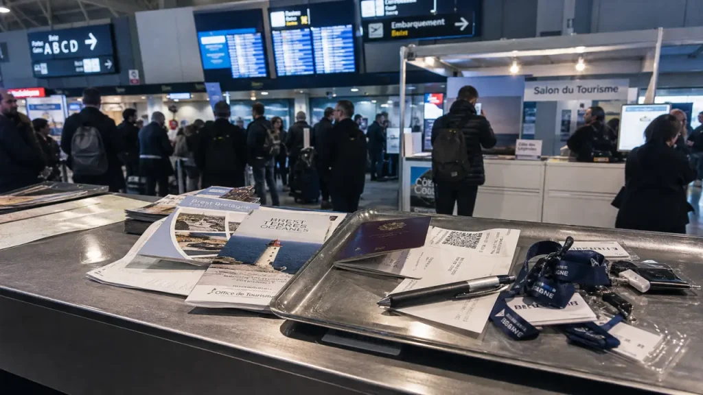Salon du tourisme Brest : comptoir d’accueil à l’aéroport et visiteurs
