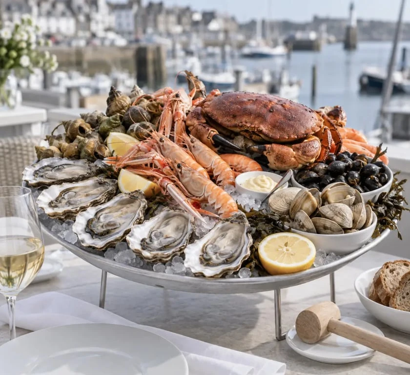 Plateau de fruits de mer et crabe dans un restaurant de fruits de mer à Brest