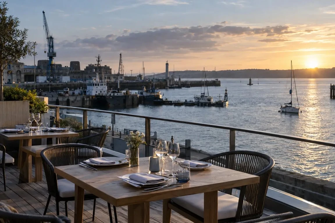 Vue du port de commerce de Brest pour choisir parmi les restaurants fruits de mer Brest
