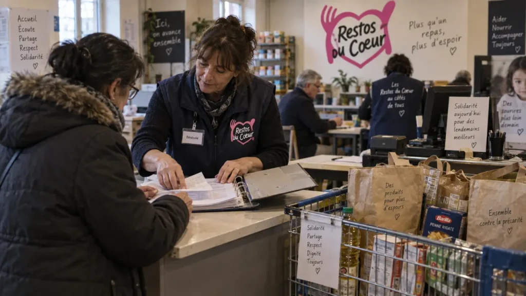 restaurants du coeur brest : bénévole aide une personne à préparer un dossier pour l’aide alimentaire