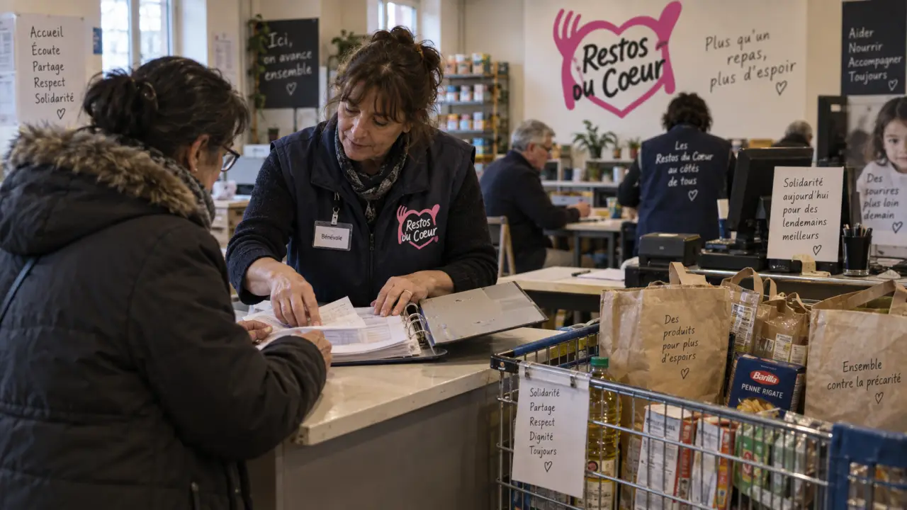 restaurants du coeur brest : bénévole aide une personne à préparer un dossier pour l’aide alimentaire