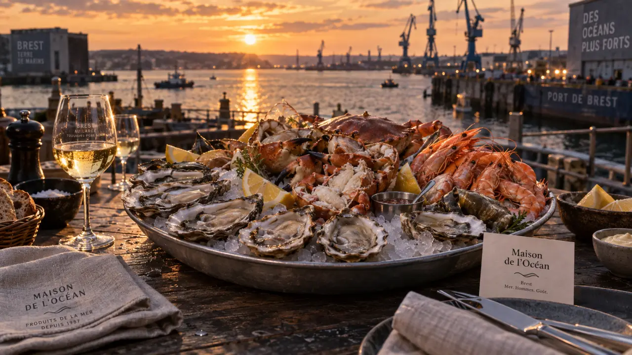 Restaurants fruits de mer Brest : plateau d’huîtres et tourteaux sur glace au port