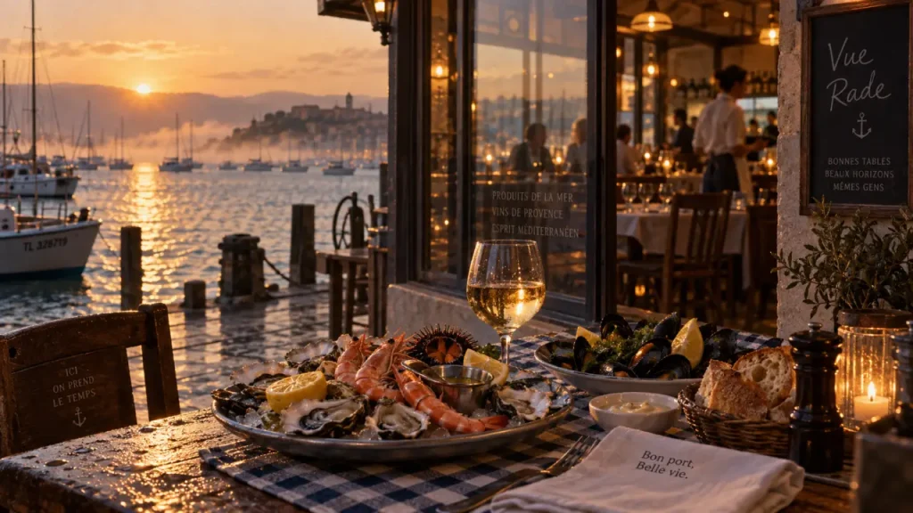 Restaurants port de Brest : vue rade au golden hour, table fruits de mer
