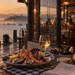 Restaurants port de Brest : vue rade au golden hour, table fruits de mer