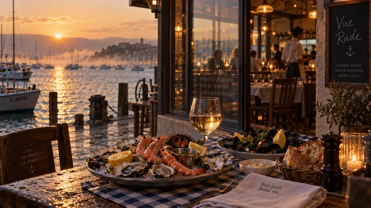 Restaurants port de Brest : vue rade au golden hour, table fruits de mer